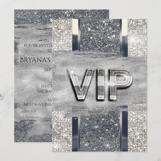 Faux Silver Metallic Bling VIP Party Invitation (Front/Back)