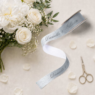 Faux Silver Metallic Elegant Grey Script Wedding Satin Ribbon