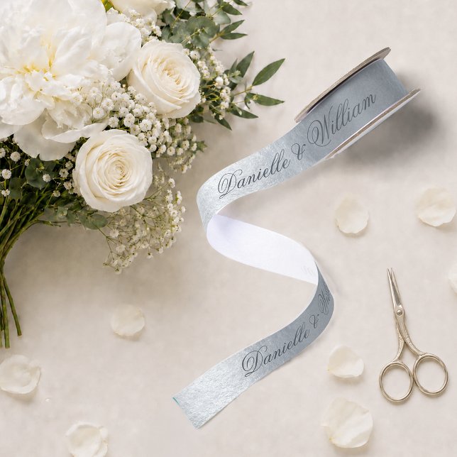 Faux Silver Metallic Elegant Grey Script Wedding Satin Ribbon (Creator Uploaded)