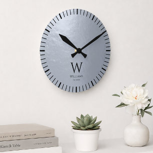 Faux Silver Metallic Grey Black Monogram and Name  Round Clock