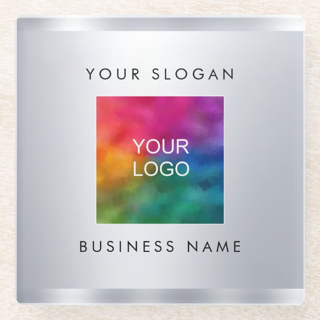 Faux Silver Metallic Look Add Your Business Logo Glass Coaster (Front)