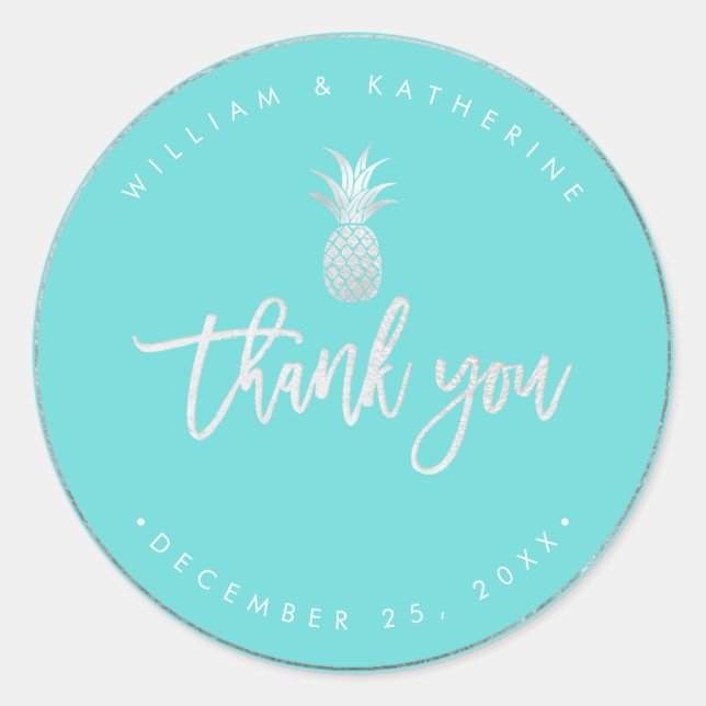 Faux Silver Pineapple Thank You DIY Background Classic Round Sticker (Front)
