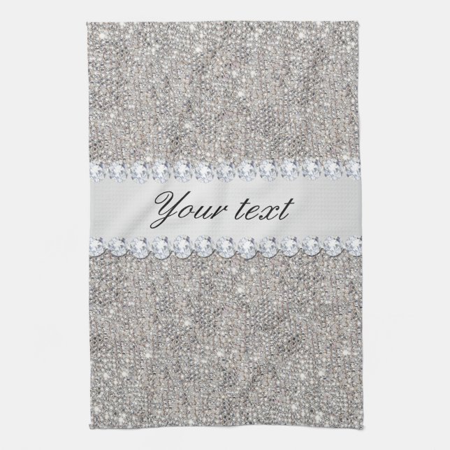 Faux Silver Sequins and Diamonds Kitchen Towel (Vertical)