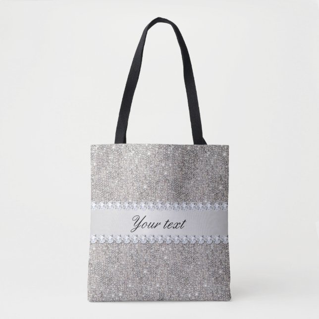 Faux Silver Sequins and Diamonds Tote Bag (Front)