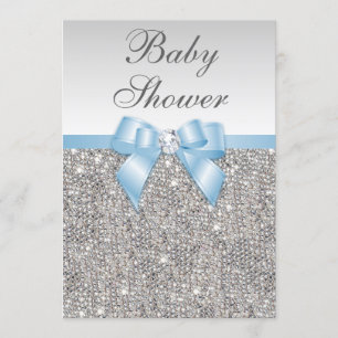 Faux Silver Sequins Baby Blue Baby Shower Invitation