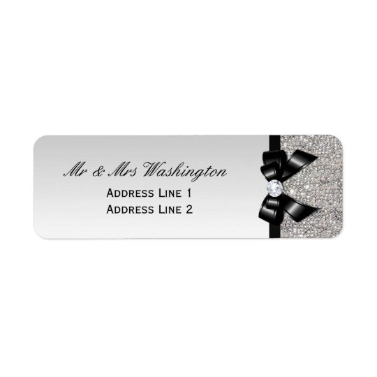 Faux Silver Sequins Black Bow and Diamond Return Address Label