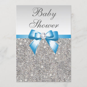 Faux Silver Sequins Blue Baby Shower Invitation
