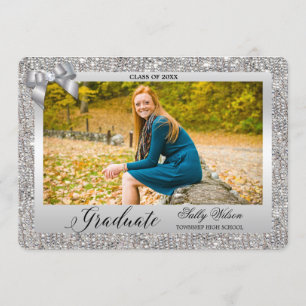 Faux Silver Sequins Bow Girls Graduation Photo Invitation