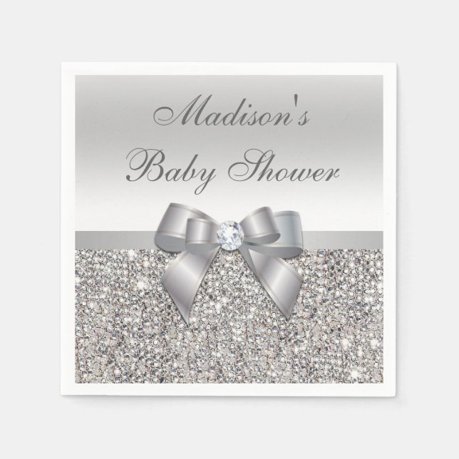 Faux Silver Sequins Bow Personalized Baby Shower Napkin (Front)