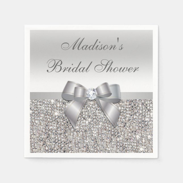 Faux Silver Sequins Bow Personalized Bridal Shower Napkin (Front)