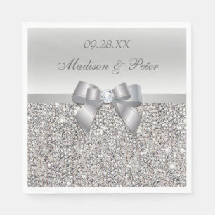 Faux Silver Sequins Bow Personalized Wedding Napkin