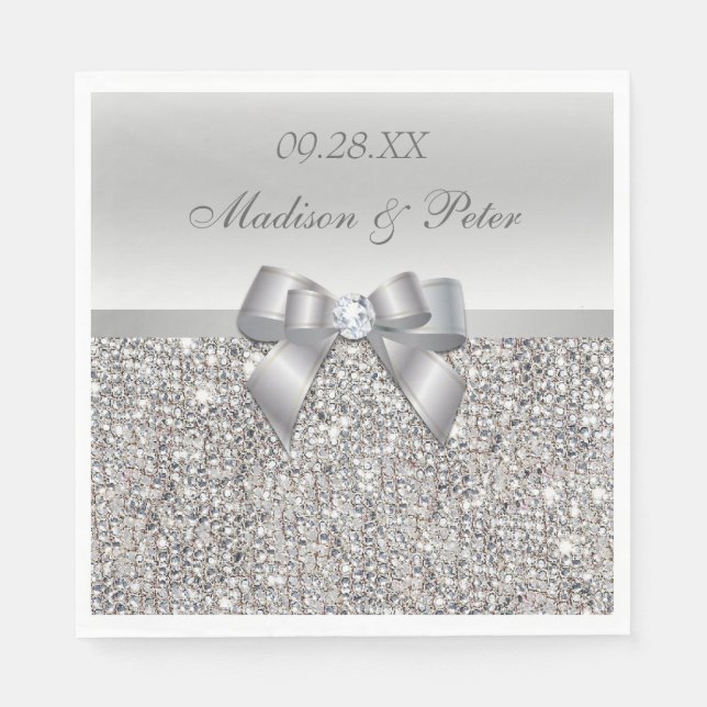 Faux Silver Sequins Bow Personalized Wedding Napkin (Front)