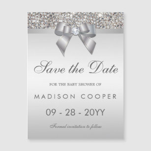 Faux Silver Sequins Bow Save The Date Baby Shower Magnetic Invitation