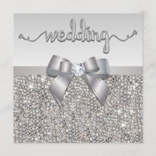Faux Silver Sequins Bow Wedding Hearts Typography Invitation