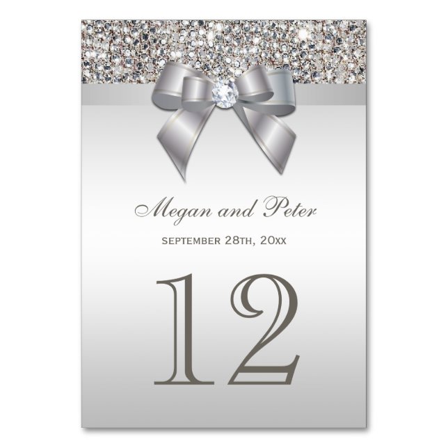 Faux Silver Sequins Bow Wedding Table Number Cards (Front)