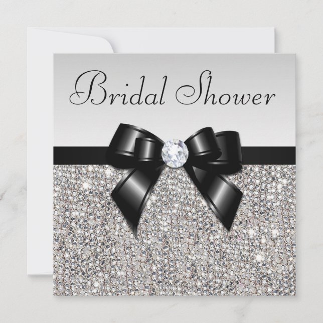 Faux Silver Sequins Chic Black Bow Bridal Shower Invitation (Front)