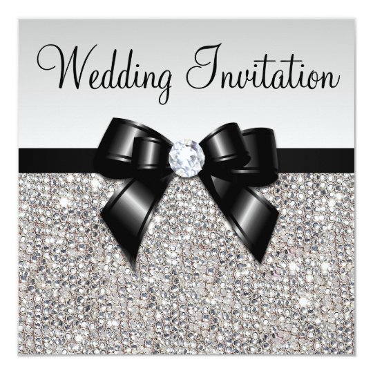 Faux Silver Sequins Diamonds Black Bow Wedding Card