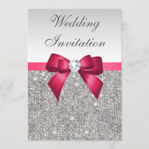 Faux Silver Sequins Diamonds & Bow Wedding Invitation