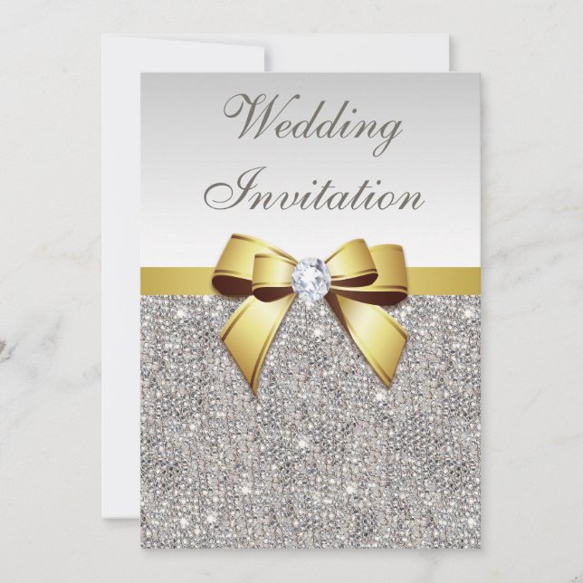 Faux Silver Sequins Diamonds Gold Bow Wedding Invitation (Front)
