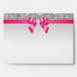 Faux Silver Sequins Diamonds Hot Pink Bow Envelopes