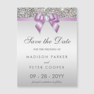Faux Silver Sequins Lilac Bow Save The Date Magnetic Invitation
