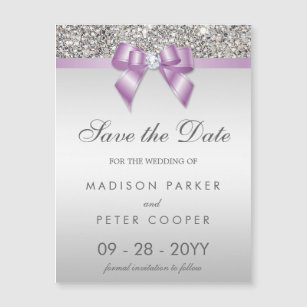 Faux Silver Sequins Lilac Bow Save The Date Magnetic Invitation