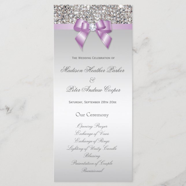 Faux Silver Sequins Lilac Bow Wedding Programme (Devant)