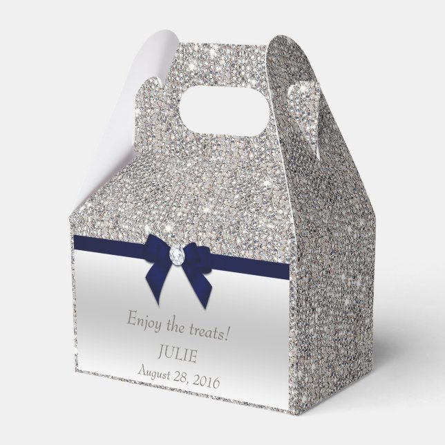 Faux Silver Sequins Navy Bow Favor Box (Front Side)