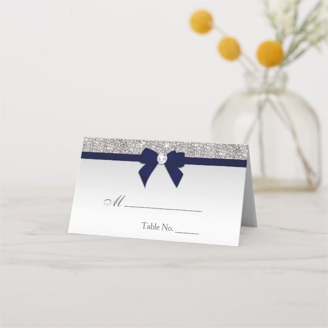 Faux Silver Sequins Navy Bow Place Card (Front)