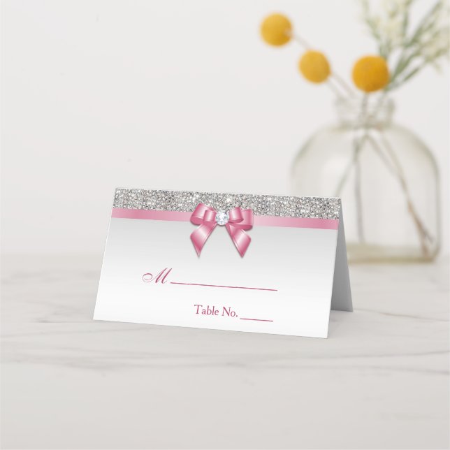Faux Silver Sequins Pink Bow Place Card (Front)
