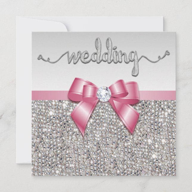 Faux Silver Sequins Pink Bow Wedding Invitation (Front)
