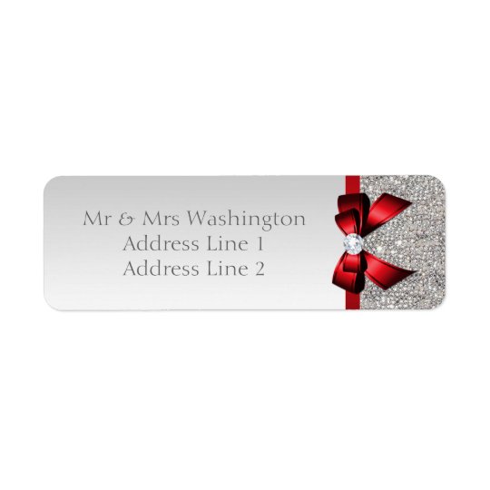 Faux Silver Sequins Red Bow and Diamond Return Address Label