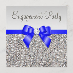 Faux Silver Sequins Royal Blue Bow Engagement Invitation