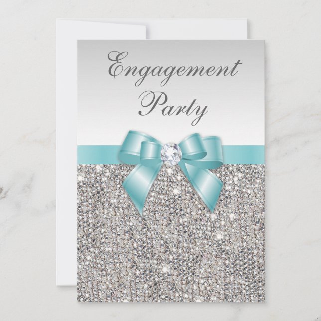Faux Silver Sequins Teal Bow Engagement Party Invitation (Front)