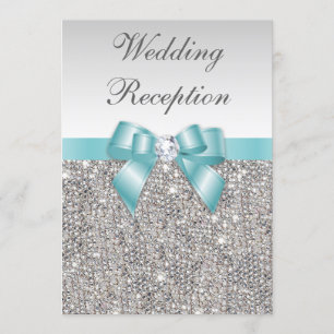 Faux Silver Sequins Teal Bow Wedding Reception Invitation