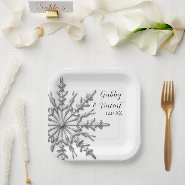 Faux Silver Snowflake Winter Wedding Paper Plate (Wedding)
