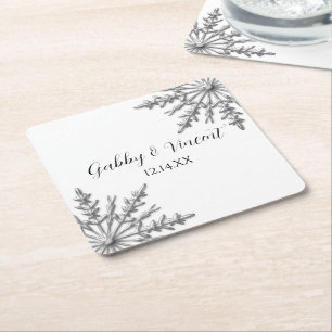 Faux Silver Snowflakes Winter Wedding Square Paper Coaster