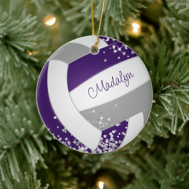 faux silver stars on girls purple grey volleyball  ceramic ornament (Tree)