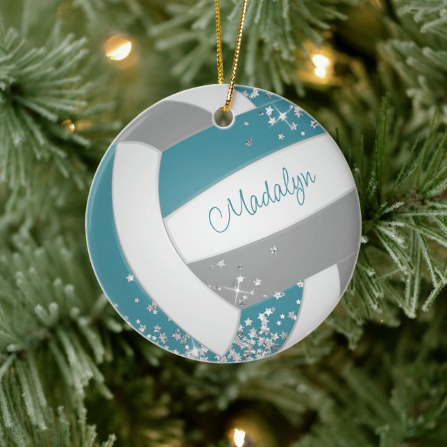 faux silver stars on girls teal grey volleyball  ceramic ornament (Tree)