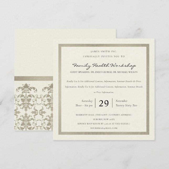 FAUX SILVER WHITE DAMASK CLASSIC WORKSHOP EVENT INVITATION (Front/Back)
