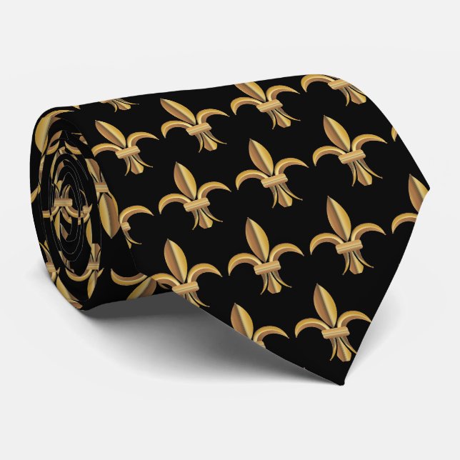 Faux Soie Noir Fleur de Lis Cravate de luxe (Roulé)