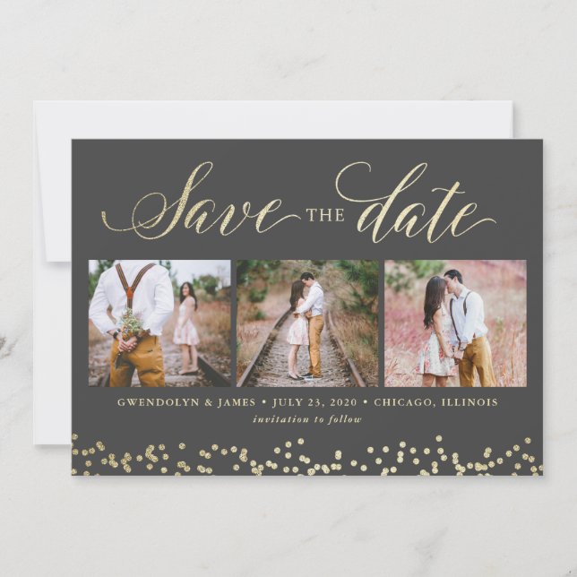 Faux Sparkle 3 Photo Save the Date Card (Front)