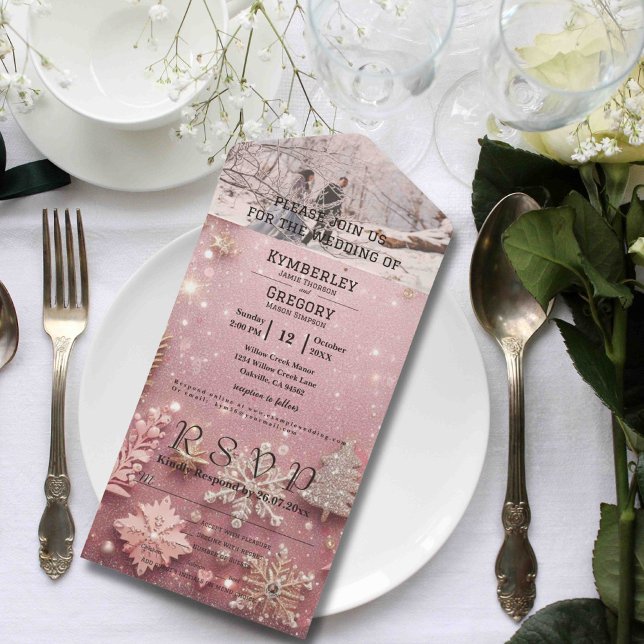 Faux Sparkle Shimmer Pink Silver Winter Christmas  All In One Invitation (Creator Uploaded)