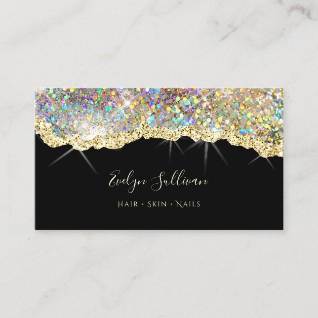 Faux sparkling holographic glitter business card (Front)