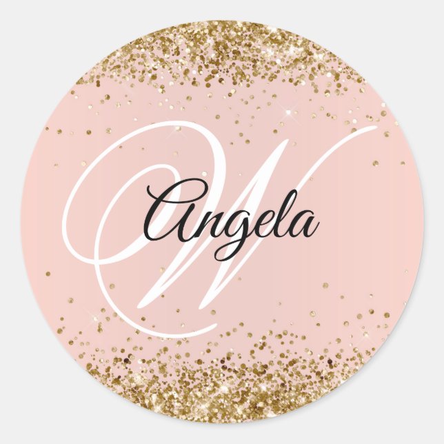 Faux Sparkly Gold Glitter Blush Monogram Classic Round Sticker (Front)