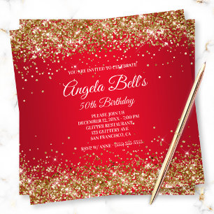 Faux Sparkly Gold Glitter Bright Red Ombre Invitation