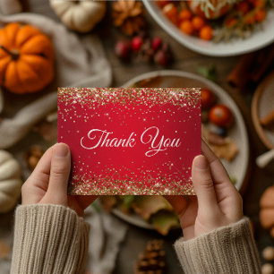 Faux Sparkly Gold Glitter Bright Red Thank You Postcard