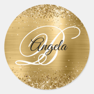 Faux Sparkly Gold Glitter Foil Monogrammed Classic Round Sticker