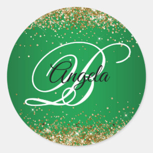 Faux Sparkly Gold Glitter Green Ombre Monogram Classic Round Sticker