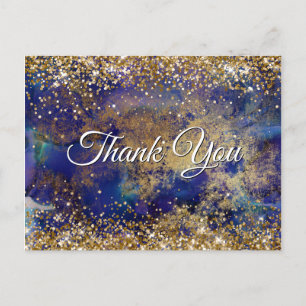 Faux Sparkly Gold Glitter Indigo Marble Thank You Postcard